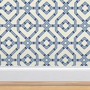 Chinoiserie bamboo trellis - pastel comforts coordinate - sky blue and navy blue on soft white - extra large