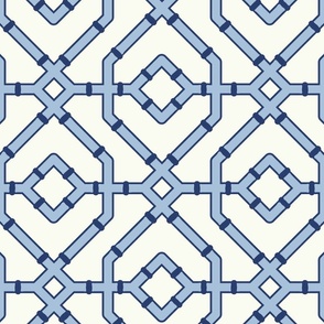 Chinoiserie bamboo trellis - pastel comforts coordinate - sky blue and navy blue on soft white - large