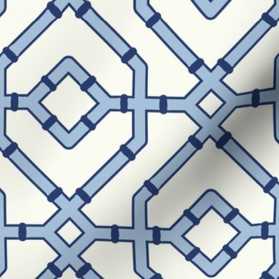 Chinoiserie bamboo trellis - pastel comforts coordinate - sky blue and navy blue on soft white - medium