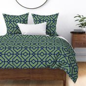 Chinoiserie bamboo trellis - pastel comforts coordinate - very dark navy blue on mid-green - large