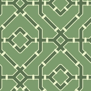 Chinoiserie bamboo trellis - pastel comforts coordinate - dark olive green on mid-green - extra large