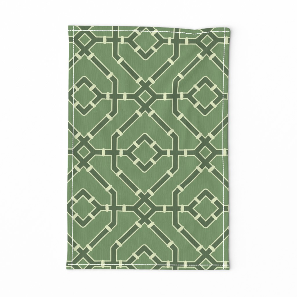 Chinoiserie bamboo trellis - pastel comforts coordinate - dark olive green on mid-green - large