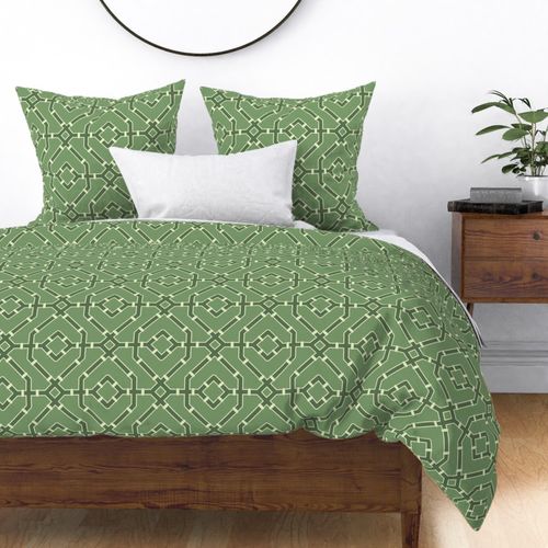 Chinoiserie bamboo trellis - pastel comforts coordinate - dark olive green on mid-green - large