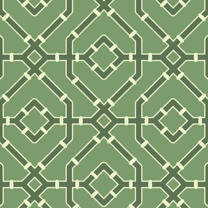 Chinoiserie bamboo trellis - pastel comforts coordinate - dark olive green on mid-green - large