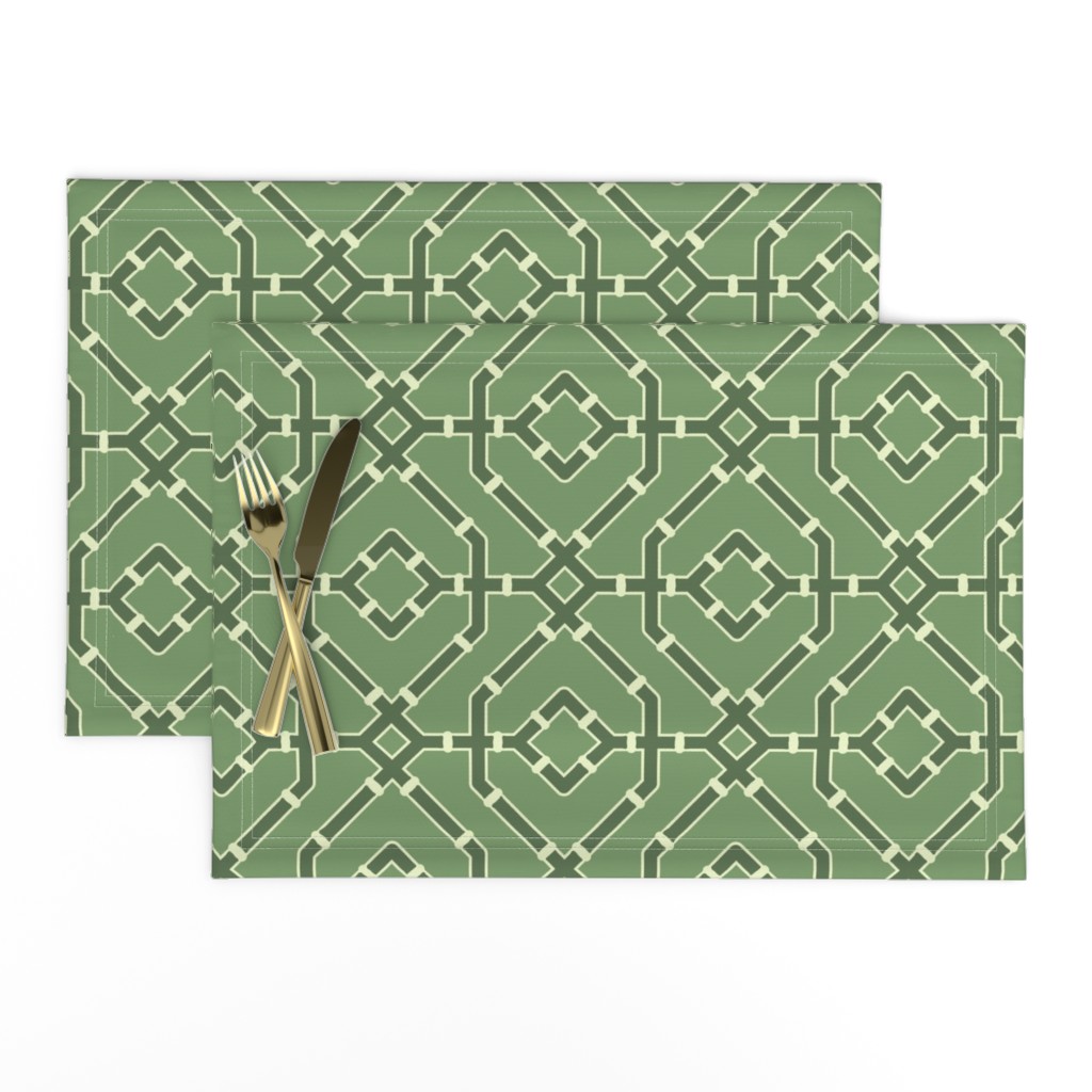 Chinoiserie bamboo trellis - pastel comforts coordinate - dark olive green on mid-green - medium