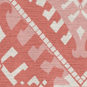  pink and off white ethnic pattern with linen texture on muted red / coral - large scale