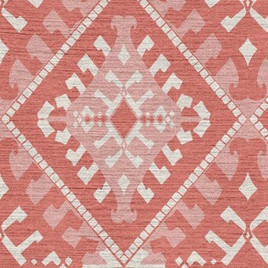  pink and off white ethnic pattern with linen texture on muted red / coral - medium scale