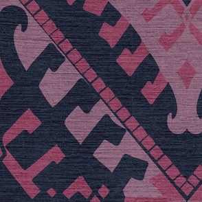  pink ethnic pattern with linen texture on nearly black dark blue - large scale