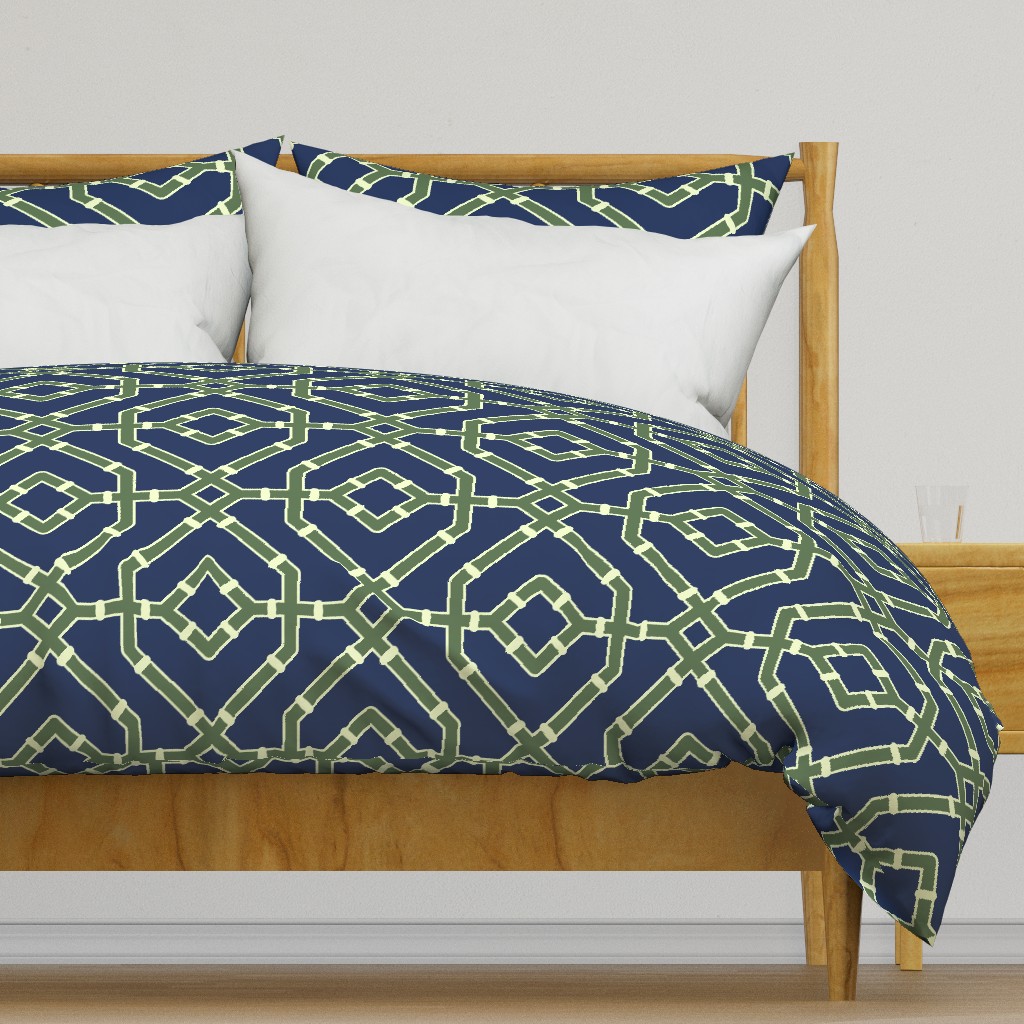 Chinoiserie bamboo trellis - pastel comforts coordinate - dark olive green on navy blue - extra large