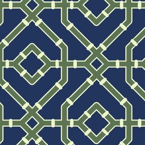 Chinoiserie bamboo trellis - pastel comforts coordinate - dark olive green on navy blue - extra large