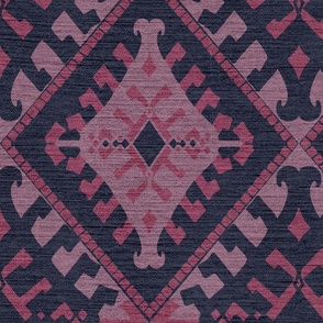  pink ethnic pattern with linen texture on nearly black dark blue - medium scale