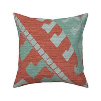mint / turquoise ethnic pattern with linen texture on a broken red - large scale
