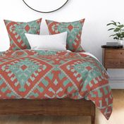 mint / turquoise ethnic pattern with linen texture on a broken red - large scale