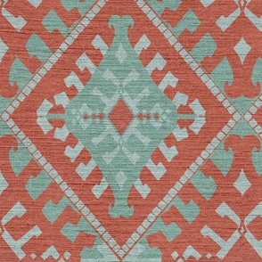 mint / turquoise ethnic pattern with linen texture on a broken red - medium scale