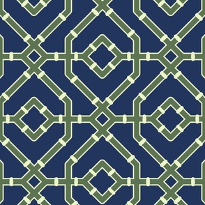 Chinoiserie bamboo trellis - pastel comforts coordinate - dark olive green on navy blue - large