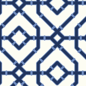 Chinoiserie bamboo trellis - navy blue and bright blue on Natural (#FEFDF4) - extra large