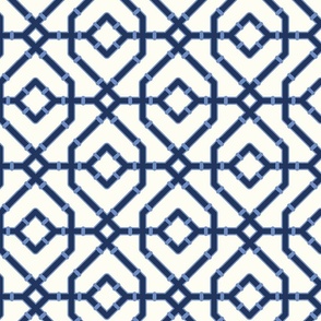 Chinoiserie bamboo trellis - navy blue and bright blue on Natural (#FEFDF4) - medium