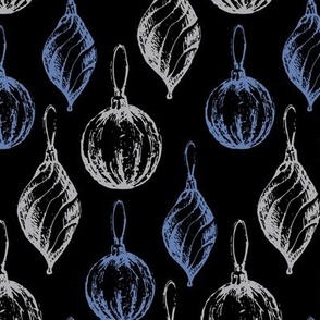 Retro Sketch Ornaments in Blue and Silver on Black