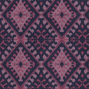  pink ethnic pattern with linen texture on nearly black dark blue - small scale