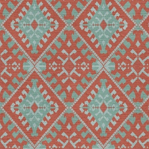 mint / turquoise ethnic pattern with linen texture on a broken red - small scale