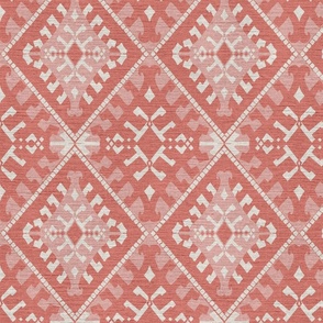  pink and off white ethnic pattern with linen texture on muted red / coral - small scale