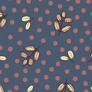 Brown and yellow leaves and dots on blue