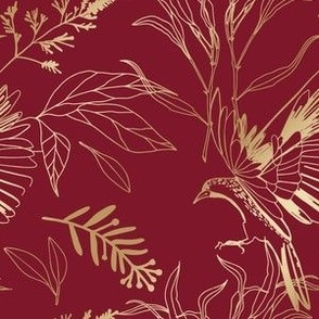 Shimmering Gold Bird and Wildflowers on Burgundy - Coordinate