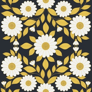 Symmetric daisy pattern on black background LARGE