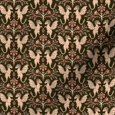 Dragons Damask - traditional, fantasy, floral, geek, goth - vintage brown and coral  - Pollinator Dragons coordinate - small