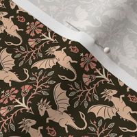 Dragons Damask - traditional, fantasy, floral, geek, goth - vintage brown and coral  - Pollinator Dragons coordinate - small