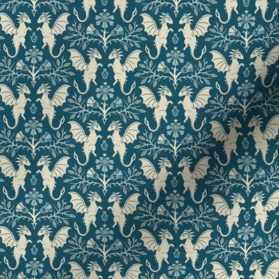 Dragons Damask - traditional, fantasy, floral, vintage - teal and cream - Pollinator Dragons coordinate - small