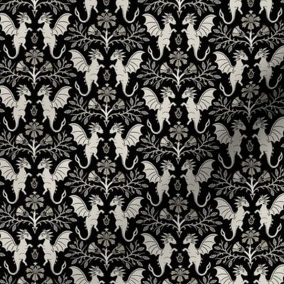 Dragons Damask - traditional  floral, goth - selenium, warm grey-scale on black - Pollinator Dragons coordinate - small