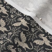 Dragons Damask - traditional fantasy floral, goth - sepia, charcoal, vintage look - small