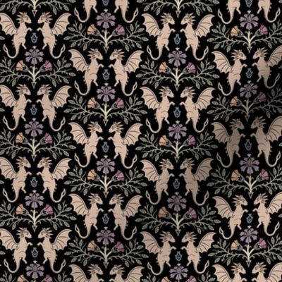 Dragons Damask - traditional, fantasy, floral, goth - muted jewel tones on black - Pollinator Dragons coordinate - small