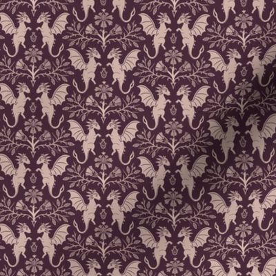 Dragons Damask - traditional, fantasy, floral, goth - vintage burgundy, dusty pink - Pollinator Dragons coordinate - small