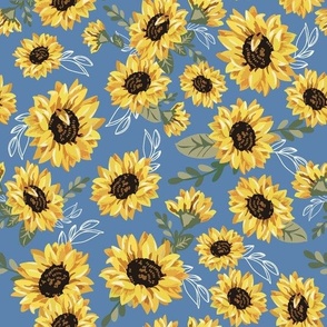 large print // Yellow sunflowers on denim Blue background white leaf accent