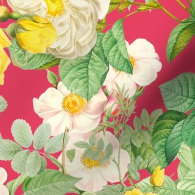 Vintage yellow roses on vermilion background / Large scale