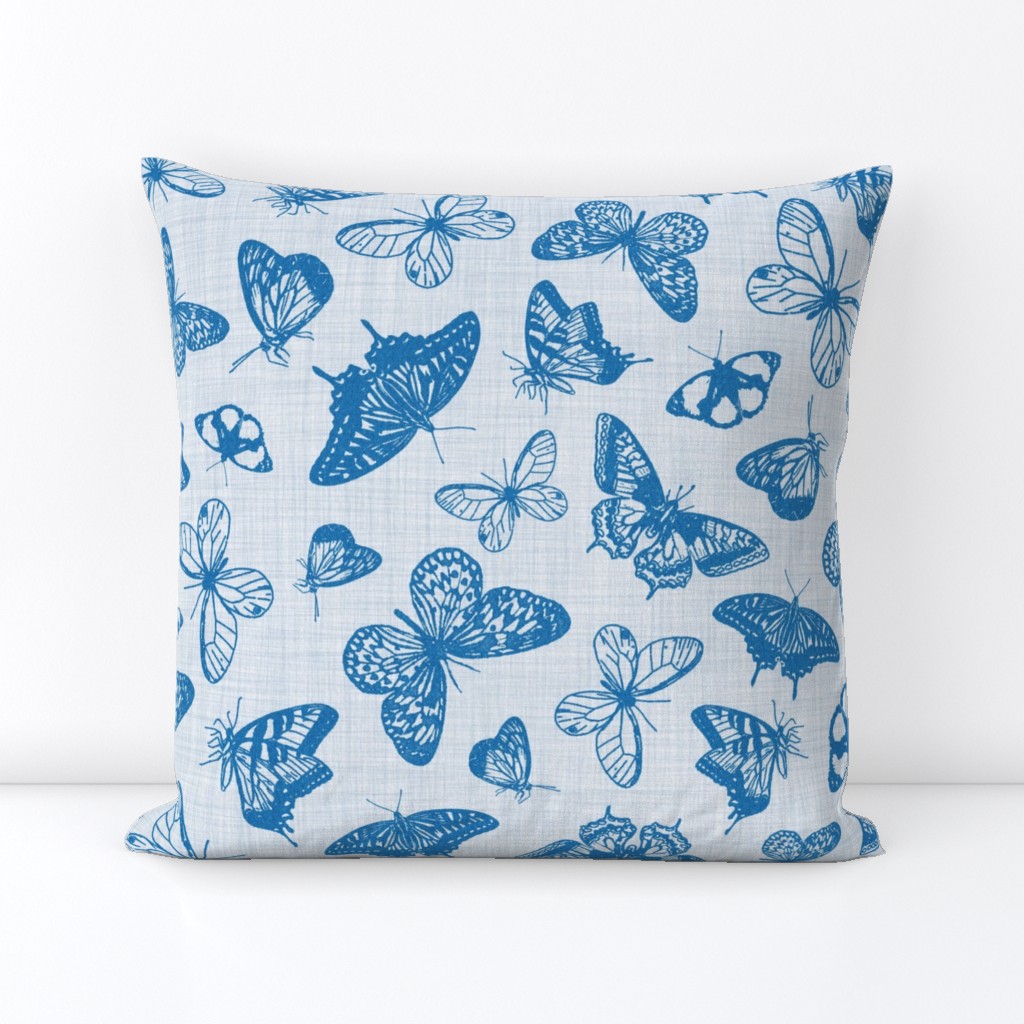 Vintage Butterflies in Blue // Monochromatic, linen texture