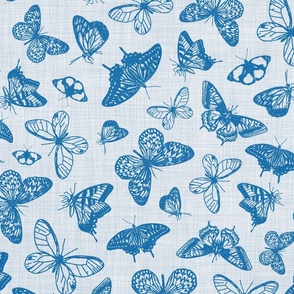 Vintage Butterflies in Blue // Monochromatic, linen texture