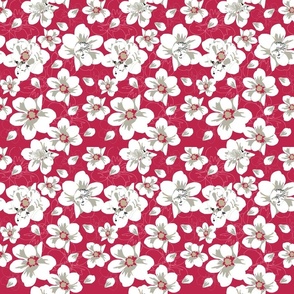 small print // Magnolia Cats and Dogs Viva magenta red with white flowers hidden cat and dog