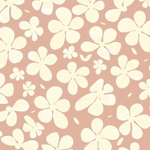 Whimsical Hand Painted Watercolour Flowers - Cream On Warm Pink Earth.