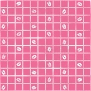 Cocoa beans on distressed bubblegum pink and white grid