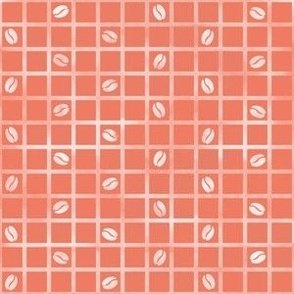 Cocoa beans on distressed peach pink and white grid