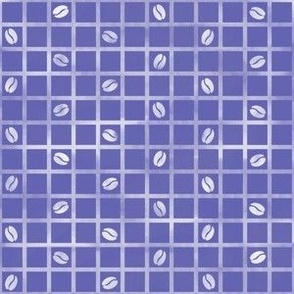 Cocoa beans on distressed periwinkle and white grid