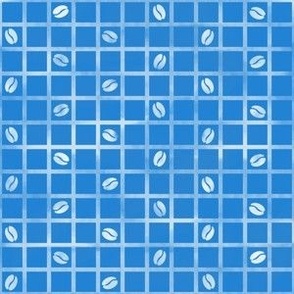 Coffee beans on distressed sonic blue and white grid