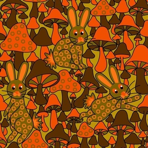 Bunnies in Fungi Town - Orange & Brown 