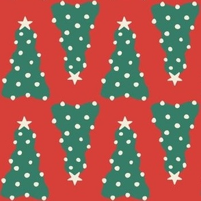 Green preppy christmas trees with white trims on a red background