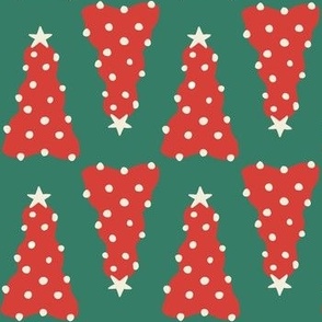 Red preppy christmas trees with white trims on a green background