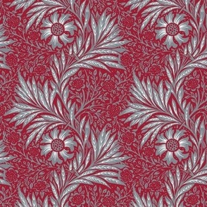 1875 "Marigold" by William Morris - Alabama Colors -  White and Cool Gray on Crimson