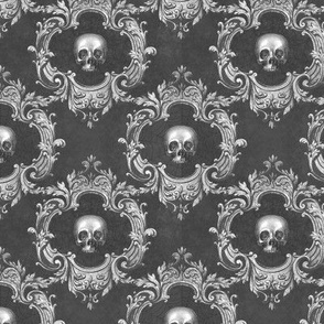 Gothic Victorian Skull Damask in Charcoal Grey